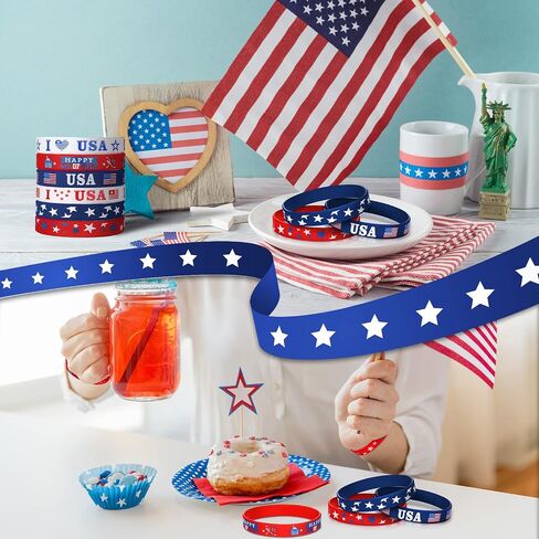 Deekin 60 Pcs 4th of July Patriotic Bracelets USA American Flag Red White and Blue Star Silicone Bracelets Memorial Day Wristband Rubber Bracelets for Independence Day Party Favors School Gift in Saudi Arabia