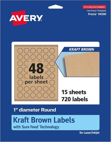 Avery Kraft Brown Round Labels with Sure Feed, 1" Diameter, 720 Kraft Brown Labels, Print-to-The-Edge, Laser/Inkjet Printable Labels in Saudi Arabia