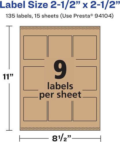 ملصقات مربعة من Avery Kraft Brown مع تغذية مؤكدة، 2.5 بوصة × 2.5 بوصة، 135 ملصق بني كرافت، ملصقات قابلة للطباعة بالليزر/النافثة للحبر in Saudi Arabia