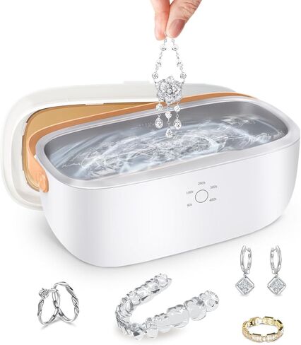 منظف ​​المجوهرات بالموجات فوق الصوتية، آلة تنظيف محمولة بالموجات فوق الصوتية للخواتم والنظارات والمثبات والمصففات وأطقم الأسنان والفضة والساعة والعملات المعدنية و5 مؤقتات وتشغيل بلمسة واحدة، ضوضاء منخفضة 48 كيلو هرتز، 425 مل in Kuwait