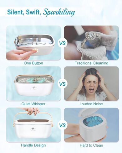 منظف ​​المجوهرات بالموجات فوق الصوتية، آلة تنظيف محمولة بالموجات فوق الصوتية للخواتم والنظارات والمثبات والمصففات وأطقم الأسنان والفضة والساعة والعملات المعدنية و5 مؤقتات وتشغيل بلمسة واحدة، ضوضاء منخفضة 48 كيلو هرتز، 425 مل in Kuwait