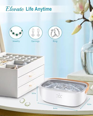 منظف ​​المجوهرات بالموجات فوق الصوتية، آلة تنظيف محمولة بالموجات فوق الصوتية للخواتم والنظارات والمثبات والمصففات وأطقم الأسنان والفضة والساعة والعملات المعدنية و5 مؤقتات وتشغيل بلمسة واحدة، ضوضاء منخفضة 48 كيلو هرتز، 425 مل in Kuwait