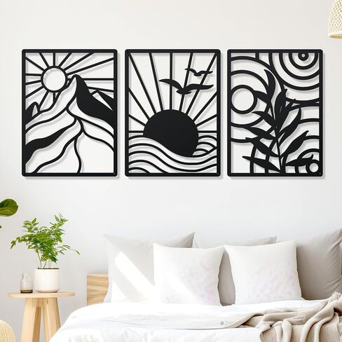 Zzbakress Large Black Metal Wall Decoration Modern Black Minimalist Wall Art for Bathroom Boho Mountains and Fields Line Wall Decor for Bedroom Boho Decor for Living Room (Black, Nature) in Saudi Arabia