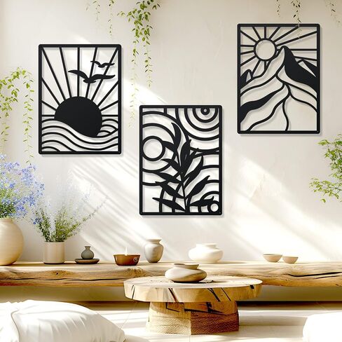 Zzbakress Large Black Metal Wall Decoration Modern Black Minimalist Wall Art for Bathroom Boho Mountains and Fields Line Wall Decor for Bedroom Boho Decor for Living Room (Black, Nature) in Saudi Arabia