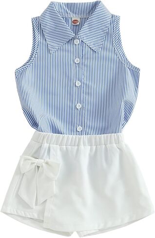 مجموعة ملابس الفتيات الصيفية من Ledy Champswiin قمصان بأزرار وسروال أبيض 2 قطعة ملابس مخططة عصرية للفتيات الصغيرات in Kuwait