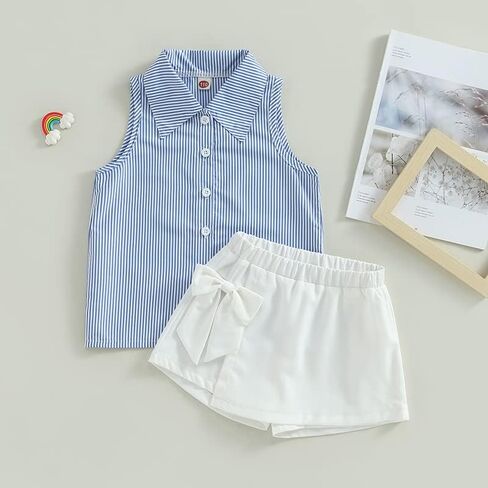 مجموعة ملابس الفتيات الصيفية من Ledy Champswiin قمصان بأزرار وسروال أبيض 2 قطعة ملابس مخططة عصرية للفتيات الصغيرات in Kuwait