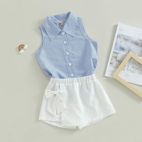 مجموعة ملابس الفتيات الصيفية من Ledy Champswiin قمصان بأزرار وسروال أبيض 2 قطعة ملابس مخططة عصرية للفتيات الصغيرات in Kuwait