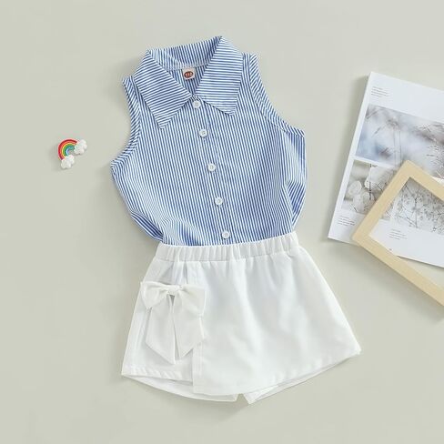 Ledy Champswiin Summer Girl's Clothes Set Button Down Shirts & White Shorts 2PCS Kids Girl Trendy Striped Outfits in Saudi Arabia