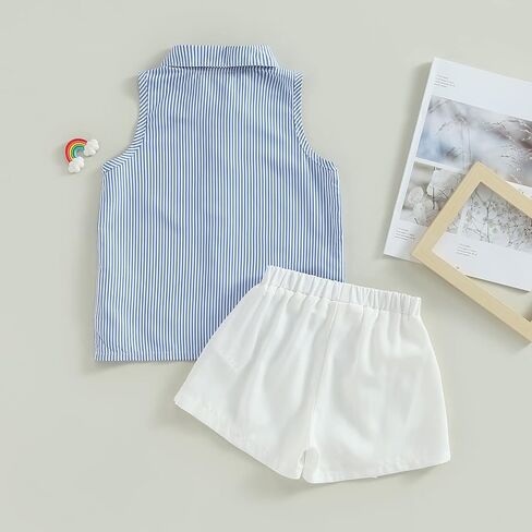 مجموعة ملابس الفتيات الصيفية من Ledy Champswiin قمصان بأزرار وسروال أبيض 2 قطعة ملابس مخططة عصرية للفتيات الصغيرات in Kuwait