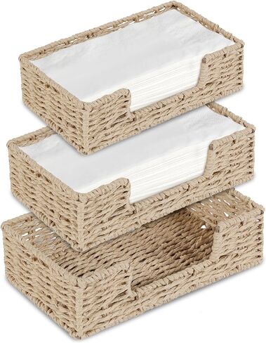 Set of 3 Ratten Napkin Holder for Table, Paper Rope Serving Tray for Paper Napkins, 3 Size Wicker Baskets for Kitchen Dining Room in Saudi Arabia