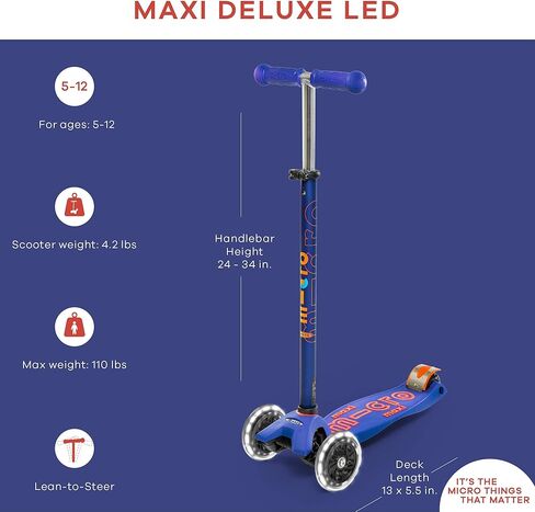 مايكرو® | سكوتر ماكسي ديلوكس ال اي دي 3 عجلات للأطفال | عجلات بأضواء LED | نظام دوار للإمالة | ارتفاع قابل للتعديل | 5-12 سنة | الأولاد والبنات in Kuwait