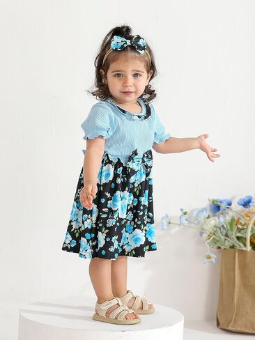 الرضع طفلة فستان الصيف كشكش كم Bowknot الأزهار فساتين فستان الشمس عادية in Saudi Arabia