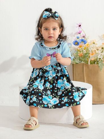 الرضع طفلة فستان الصيف كشكش كم Bowknot الأزهار فساتين فستان الشمس عادية in Saudi Arabia