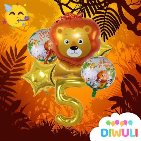 DIWULI Lion Balloon Set - Number 4 Balloon Set Gold Happy Birthday, Safari Balloons Decorations, Sweet Jungle Animal Balloons Zoo Wild Theme Boy Girl, Birthday Party Supplies Globo Cumpleaños in Kuwait