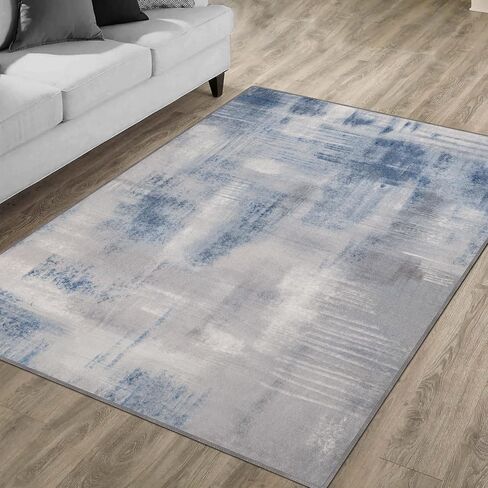 5x7 Abstract Rug, Washable Non-Slip Stain Resistance Modern Area Rugs, Low Pile Soft Non-Shedding Indoor Accent Rugs for Living Room, Bedroom, Dining Room (Denim Blue) in Saudi Arabia