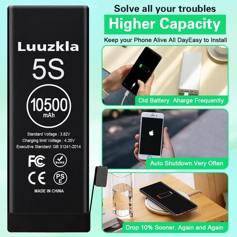 بطارية 10500 مللي أمبير (ترقية جديدة 2024) متوافقة مع 5S/5C، بطارية فائقة السعة متوافقة مع 5S/5C، مع مجموعة أدوات كاملة - دورة 0 ذات سعة عالية - خدمة لمدة 24 شهرًا in Kuwait