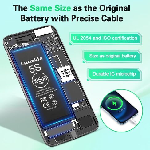 بطارية 10500 مللي أمبير (ترقية جديدة 2024) متوافقة مع 5S/5C، بطارية فائقة السعة متوافقة مع 5S/5C، مع مجموعة أدوات كاملة - دورة 0 ذات سعة عالية - خدمة لمدة 24 شهرًا in Kuwait