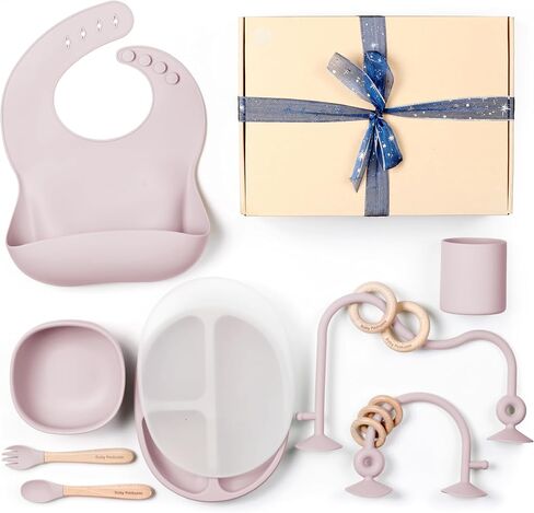 Set of Silicone Feeding Set 6 in 1 and Educational Montessori Toys, for Baby and Infant Toddlers (Rose Pink) in Saudi Arabia