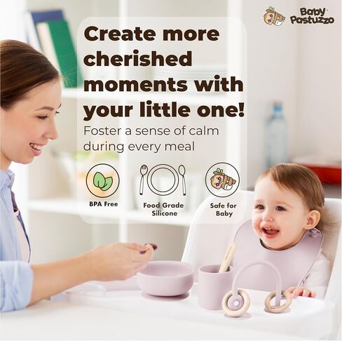 Set of Silicone Feeding Set 6 in 1 and Educational Montessori Toys, for Baby and Infant Toddlers (Rose Pink) in Saudi Arabia