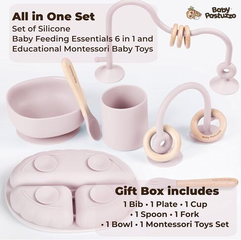 Set of Silicone Feeding Set 6 in 1 and Educational Montessori Toys, for Baby and Infant Toddlers (Rose Pink) in Saudi Arabia