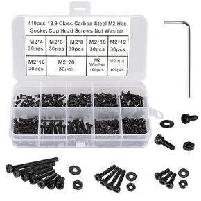 410Pcs Tiny Hex Socket Head Cap Screws Bolts, 304 Stainless Steel M2 x 4/6/8/10/12/16/20mm, Micro Allen Head Machine Screws, Nuts and Washers Kit with Hex Wrench, Fully Threaded Pitch: 0.4mm
