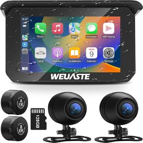 Portable Wireless Apple Carplay for Motorcycle, 1080P Dual Motorcycle Camera (IMX307 chip), Motorcycle Dash Cam, Motorcycle TPMS, 5" IPS Waterproof Touch Screen, 128 GB TF Card, Support Siri