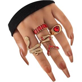 INENIMARTJ Snake Rings for Women Teen Girls,Gold Snake Knuckle Rings Boho Crystal Heart Stacking Finger Rings Set Vintage Snake Jewelry (Red)