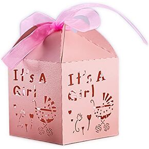 50pcs Laser Cut Baby Carriage Favor Box Bomboniere Gift Candy Boxes Baby Shower Party Decoration, 2.2 x 2.2 x 2.2 Inches (Pink)