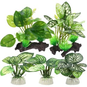 Aquarium Plastic Plants, Driftwood Betta Silk Plants, Silk Plants Aquarium Set Decorations, Silk Aquarium Plants for Betta Fish (Green, 5pcs)