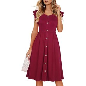 Lamilus Women's Casual Summer Ruffle Sleeve V-Neck Button Down A-Line Swing Party Dress