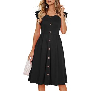 Lamilus Women's 2026 Summer Casual Swing Knee-Length Dress: V-Neck Ruffle Sleeves, Front Button Down with Side Pockets in Kuwait