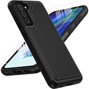 JXVM for Samsung Galaxy S21 FE Case: Dual Layer Protective Heavy Duty Cell Phone Cover Shockproof Rugged with Non Slip Textured Back - Military Protection Bumper Tough - 6.4inch (Black Black)