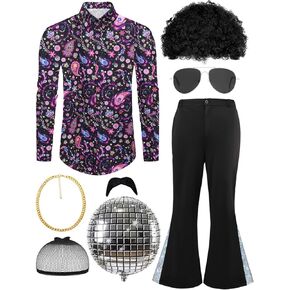 Men 70s Disco Outfit 7 PCS Adult Halloween Costume Include Retro Shirt Bell Bottom Pants Wig Sunglasses Necklace
