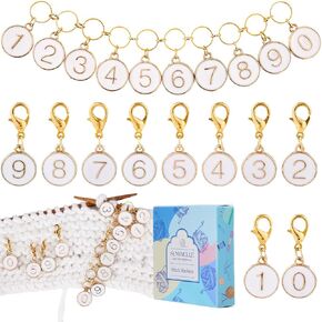 SUNNYCLUE 11Pcs Number 0~9 Stitch Markers Charms White Knitting Row Counter Chains Alloy Enamel Removable Gold Lobster Clasp Locking Metal Stitch Marker for Crocheting DIY Crafts Handmade Jewelry