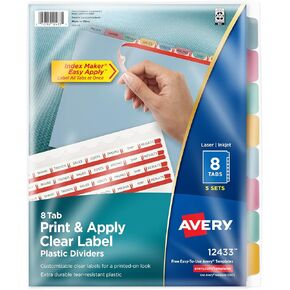 Avery 8 Tab Plastic Dividers for 3 Ring Binder, Easy Print & Apply Clear Label Strip, Index Maker Customizable Multicolor Tabs, 5 Sets (11433)