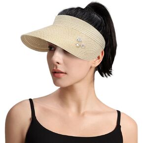 Peicees Wide Brim Straw Visors for Women Sun Protection Hats Summer Sunshade Ponytail Hat for Beach Travel Packable Roll Up