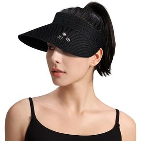 Peicees Wide Brim Straw Visors for Women Sun Protection Hats Summer Sunshade Ponytail Hat for Beach Travel Packable Roll Up
