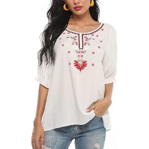 LauraKlein Women’s Embroidered Tops Short Sleeve Shirts Traditional Pattern of Feathers and Flowers Ethnic Style Blouse