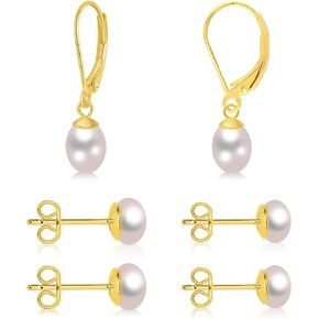 3 Pairs Pearl Earrings for Women- 14K Gold Plated Pearl Studs & Pearl Drop Earrings with Sterling Silver Post, Hypoallergenic Nickel-Free Pink Pearl Dangle Earrings Set Elegant