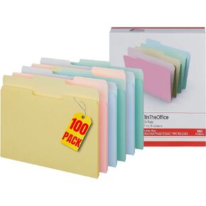 1InTheOffice File Folder Letter Size, Pastel File Folders Assorted Pastel, 3 Tab Letter Size File Folder, Standard Height with 1/3 Cut - 100 Pack