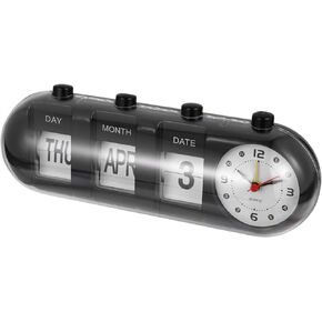 Wakauto Perpetual Desk Calendar with Clock Manual Flip Desktop Calendar Digital Quartz Date Month Calendar for Home Office Decoration Black