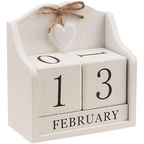 Vintage Wooden Blocks Perpetual Calendar, Wooden Perpetual Desk Calendar Home and Office Decoration (White)