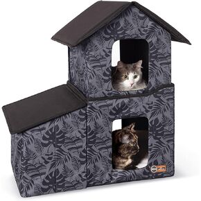 K&H Pet Products Two-Story Outdoor Multi-Kitty Shelter with Dining Room and Heated Thermo-Kitty Café, Gray Leaf in Saudi Arabia