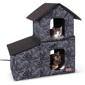 K&H Pet Products Two-Story Outdoor Multi-Kitty Shelter with Dining Room and Heated Thermo-Kitty Café, Gray Leaf