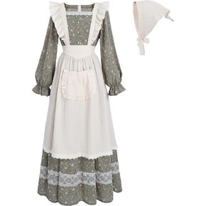 FCCAM Prairie Dress Women Floral Colonial Costume Women with Pioneer Apron 1800s American Historical Dress