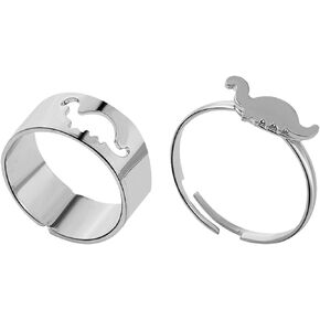 2Pcs Hollow Out Dinosaur Mushroom Band Ring Set Polished for Women Men Girl Boy Couple Matching Open Adjustable Stackable Animal Knuckle Finger Ring Party Promise Wedding Jewelry