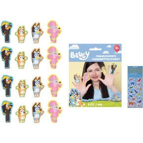 Bluey Birthday Party Supplies Bundle Includes 16 Die-Cut Multi-Colored Paper Finger Puppets for Creative Play & Interactive Games and 1 Dinosaur Sticker Sheet