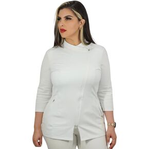 All in beauty Top Scrubs for Women, White Zipper Aestheticians Uniform for Spa, Esthetician Top Scrub 3/4 Sleeve.