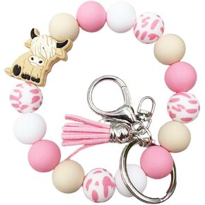 COLORFUL BLING Highland Cow Wristlet Keychain Cattle Elk Silicone Beaded Tassel Keyring Holder Wrist Lanyard for Backpack