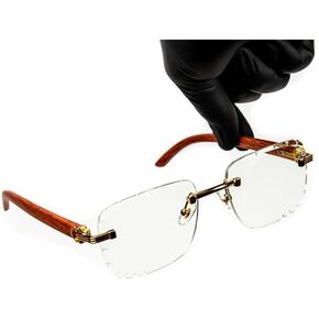 Luxury Red Wood Arm Rimless Clear Tint Gold Frame Square Luxury Woodgrain Frameless Non Prescription Rectangle Eye Glasses Vintage Geometric Clear Lens Hip Hop Glasses For Men Women
